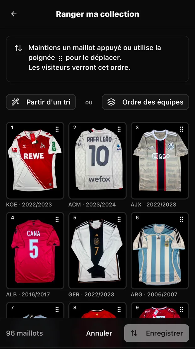 Range les maillots de ta collection dans l’ordre que tu veux